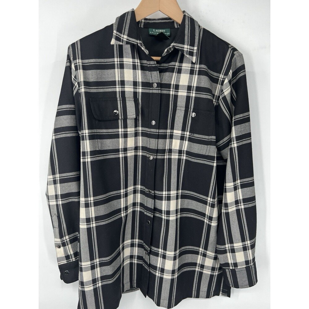 Lauren Ralph Lauren Black Plaid Button Down Shirt Jacket 100% Wool medium womens